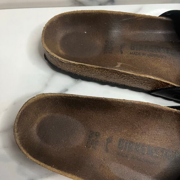 Birkenstock Women's Black Leather Festival Boho Madrid Slides Sandals Sz 39 Sz 8 - Picture 2 of 6